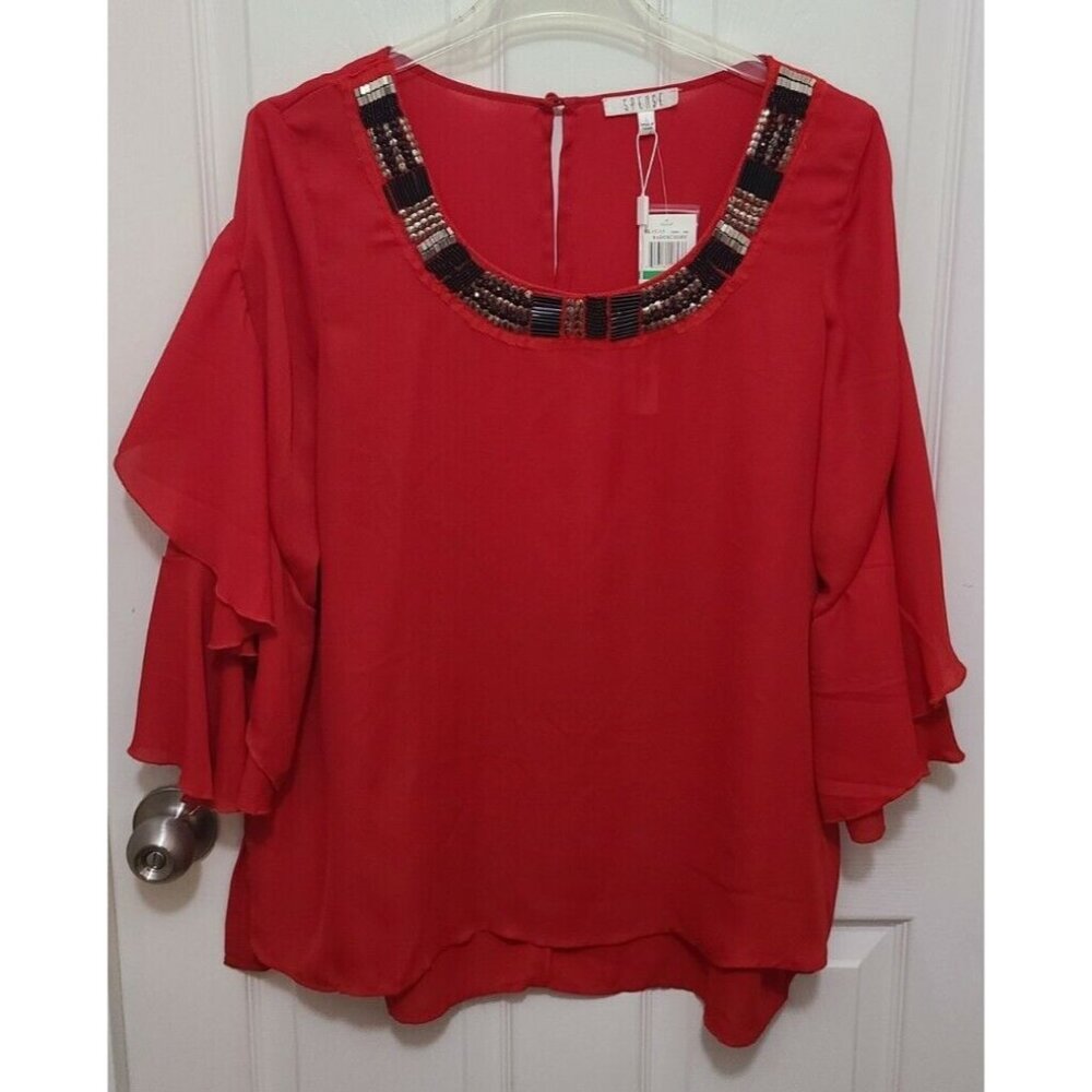 NEW Spense Women's 3/4 Flutter Sleeve Beaded Scoop Neck Blouse Top Red‎ Size L